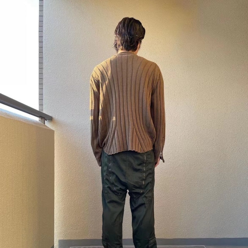 Braun gestreiften Reißverschluss gestrickten Pullover Cardigan Baggy Mantel Männer