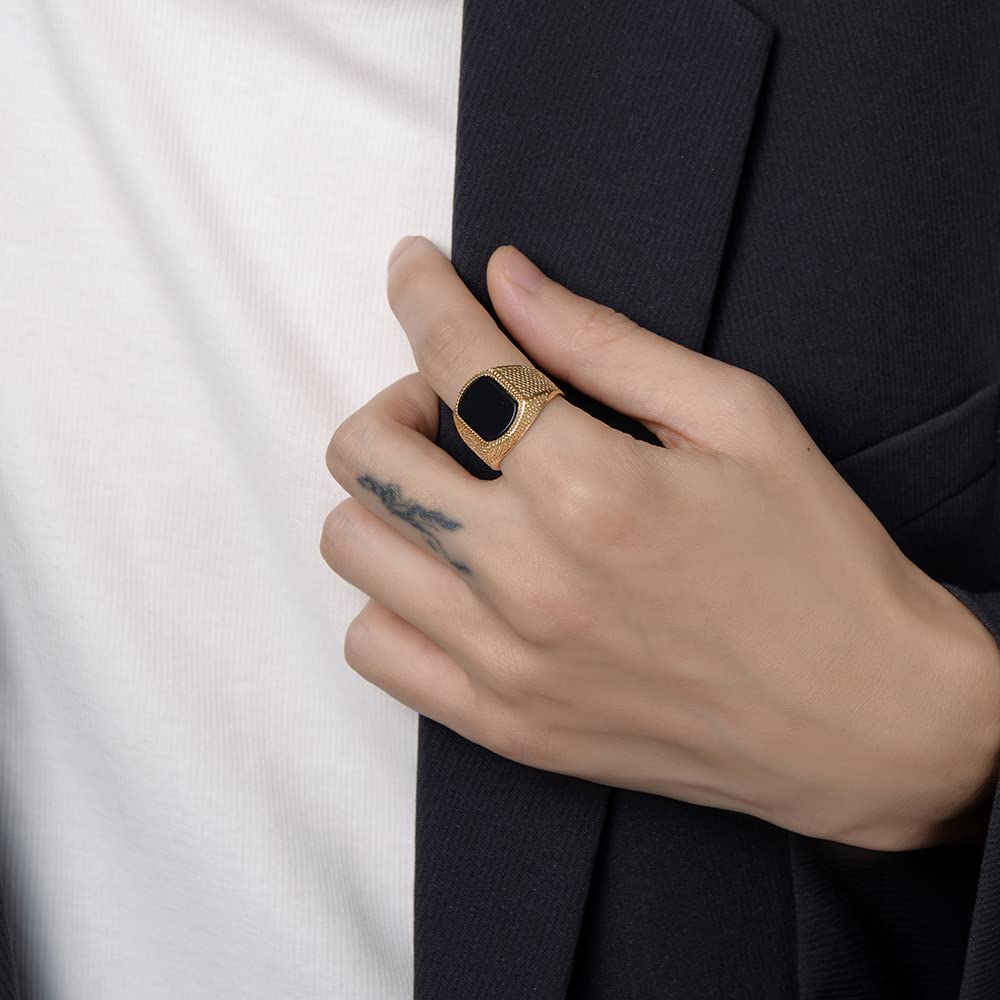 MYNENEY Retro-Vintage-Steinringe für Herren, Türkisringe, Edelstahl, Siegelring, Bikerband (Gold, 8)