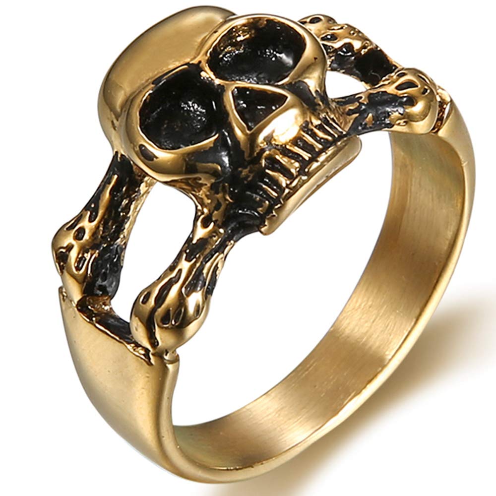Jude Jewelers Edelstahl-Ring im Retro-Vintage-Stil, Gothic-Totenkopf, Cocktailparty, Biker-Ring (Gold, 7)
