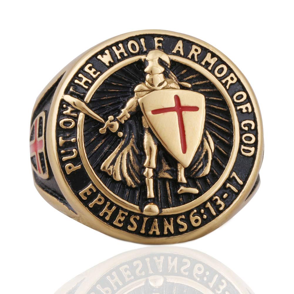 KOVEVE Put On The Whole Armor Of God Prayer Mens Cool Jewelry Ring Knights Templar, Gold