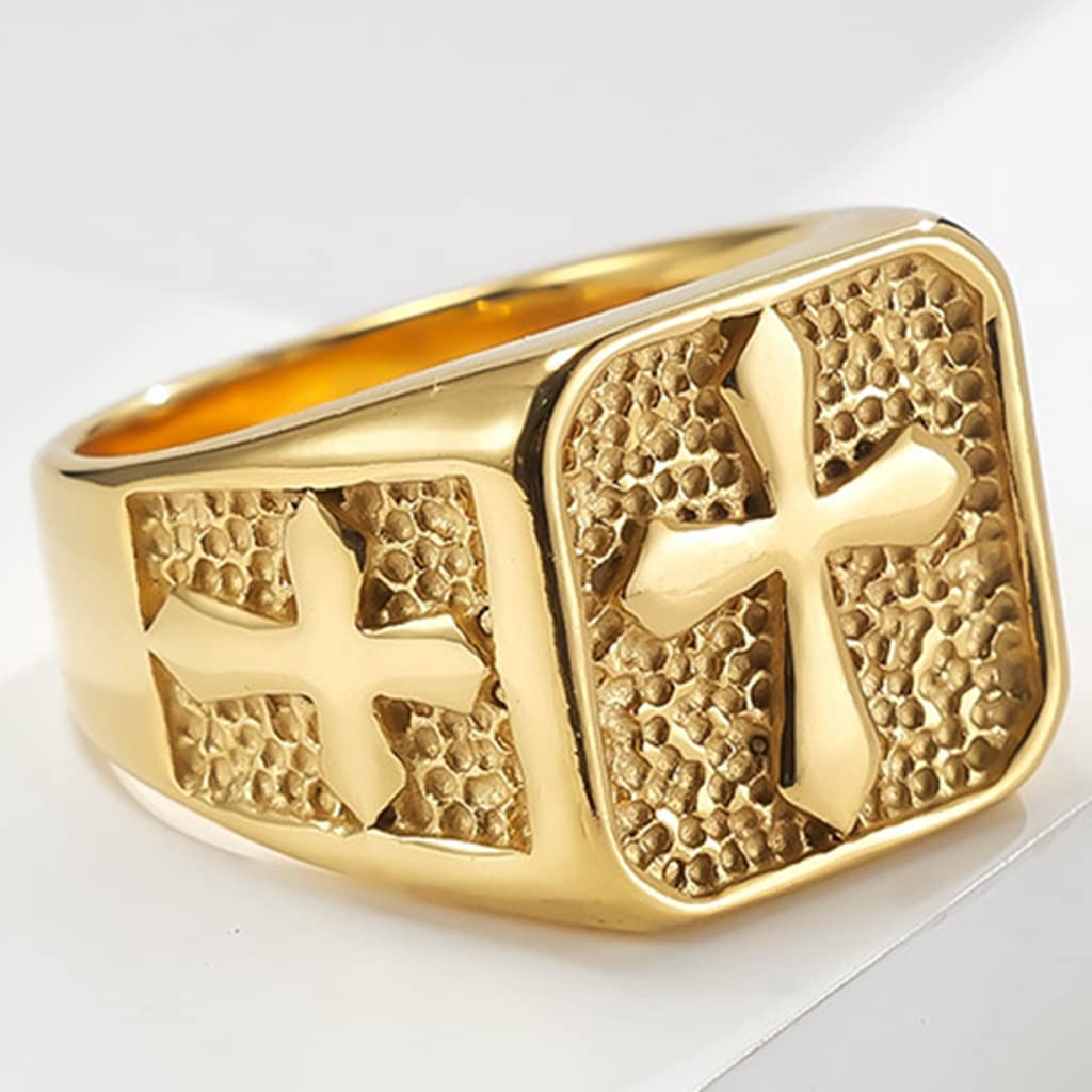 Jude Jewelers Stainless Steel Signet Style Christian Cross Religious Cocktail Party Biker Statement Wedding Ring (Gold, 8)