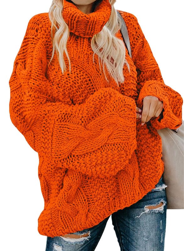 Dokotoo Damenmode 2024 Winter Herbst Pullover Lässig Locker Wasserfallausschnitt Rollkragenpullover Langarm Übergroße Zopfmuster Oberteile Tunika Pullover Warme Pullover für Damen Oberbekleidung Orange XX-Large