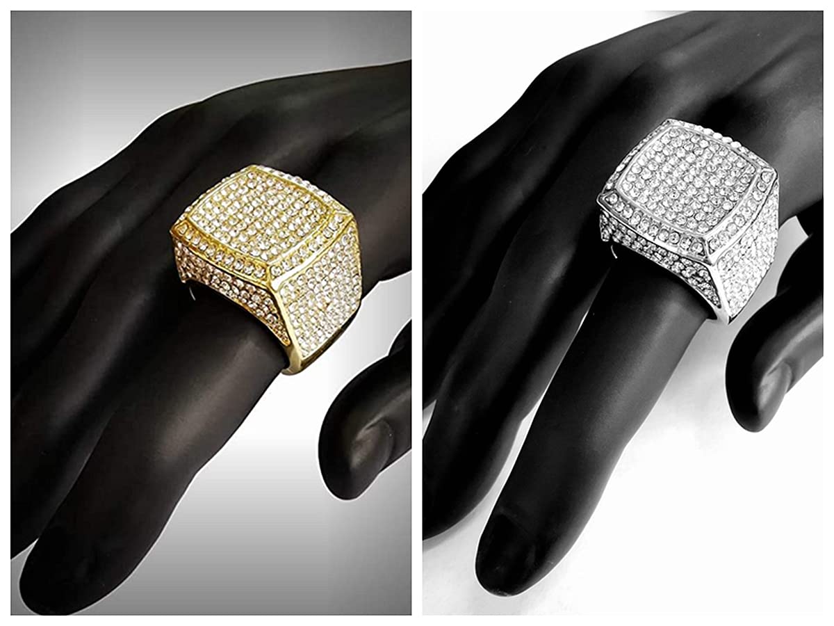 HH BLING EMPIRE Iced Out Silber-Goldringe für Männer, Bling Hip Hop Diamant Herrenringe, große quadratische Herrenringe Gold Größe #9