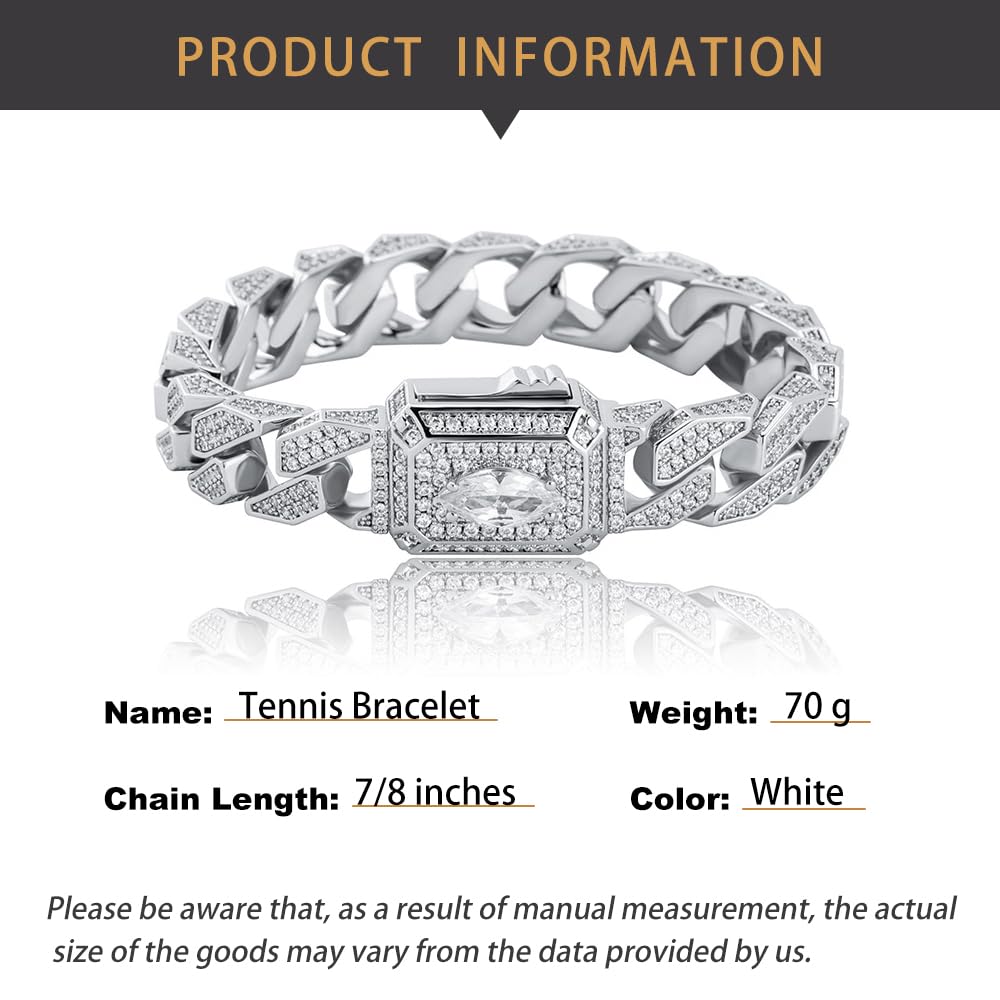Herrenarmband aus 14 Karat Gold über 925er Silber, Moissanit-Handkette im Marquise-Schliff, Miami Cuban, luxuriöses Geschenk für besondere Tage oder modebewusste Männer (Weißgold, 7 Zoll)