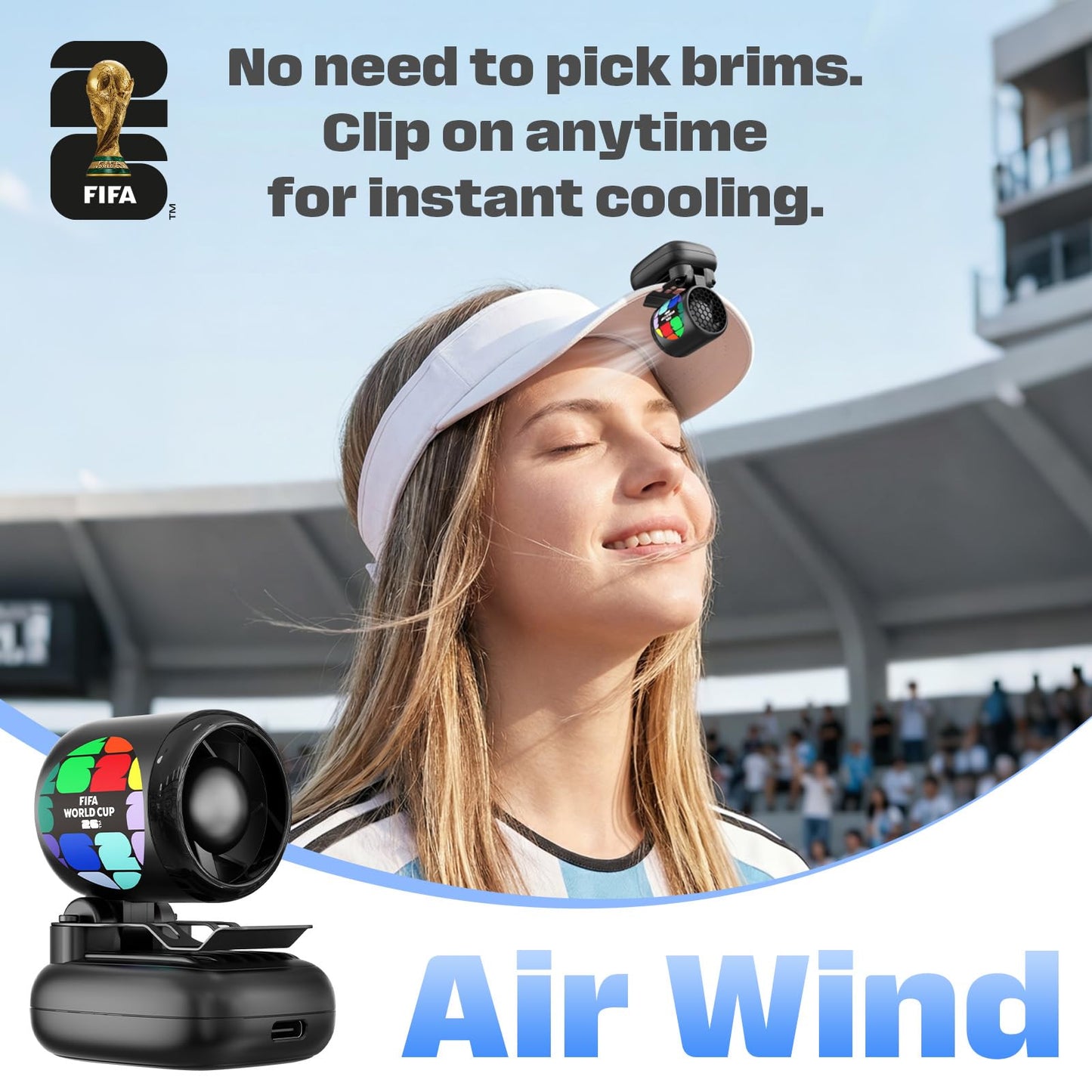 FIFA Offiziell Lizenzierter Mini Ventilator mit Clip für Kappe - Tragbarer Kleiner Ventilator Wiederaufladbar, Persönlicher mit 3 Geschwindigkeiten, 62g Leicht für Reisen, Outdoor & Sport