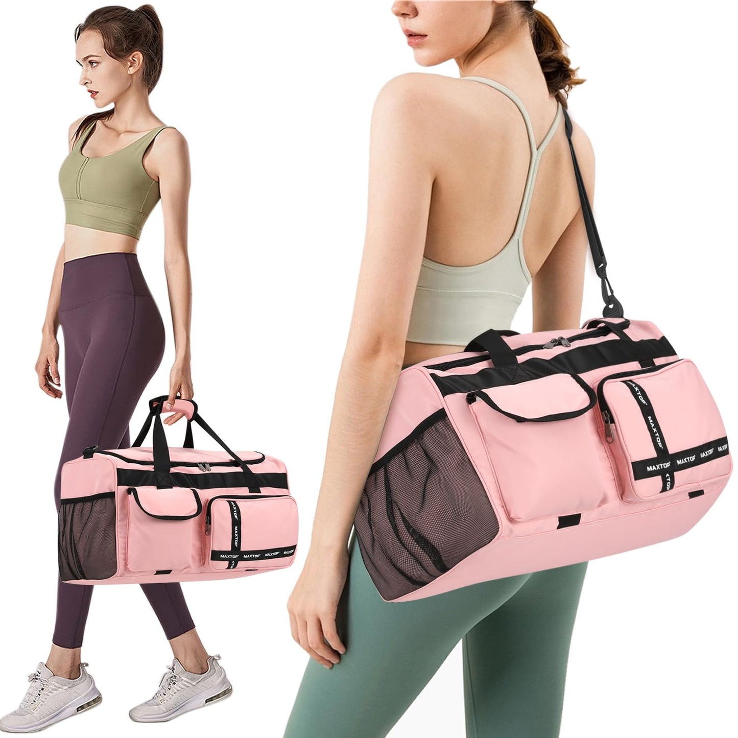 MAXTOP Sporttasche für Damen, Reisetasche, Handgepäck, Weekender, Übernachtungstasche, große Kapazität, Reisetasche mit Schuhfach, Yoga-Tragetasche mit Trocken- und Nasstrennung