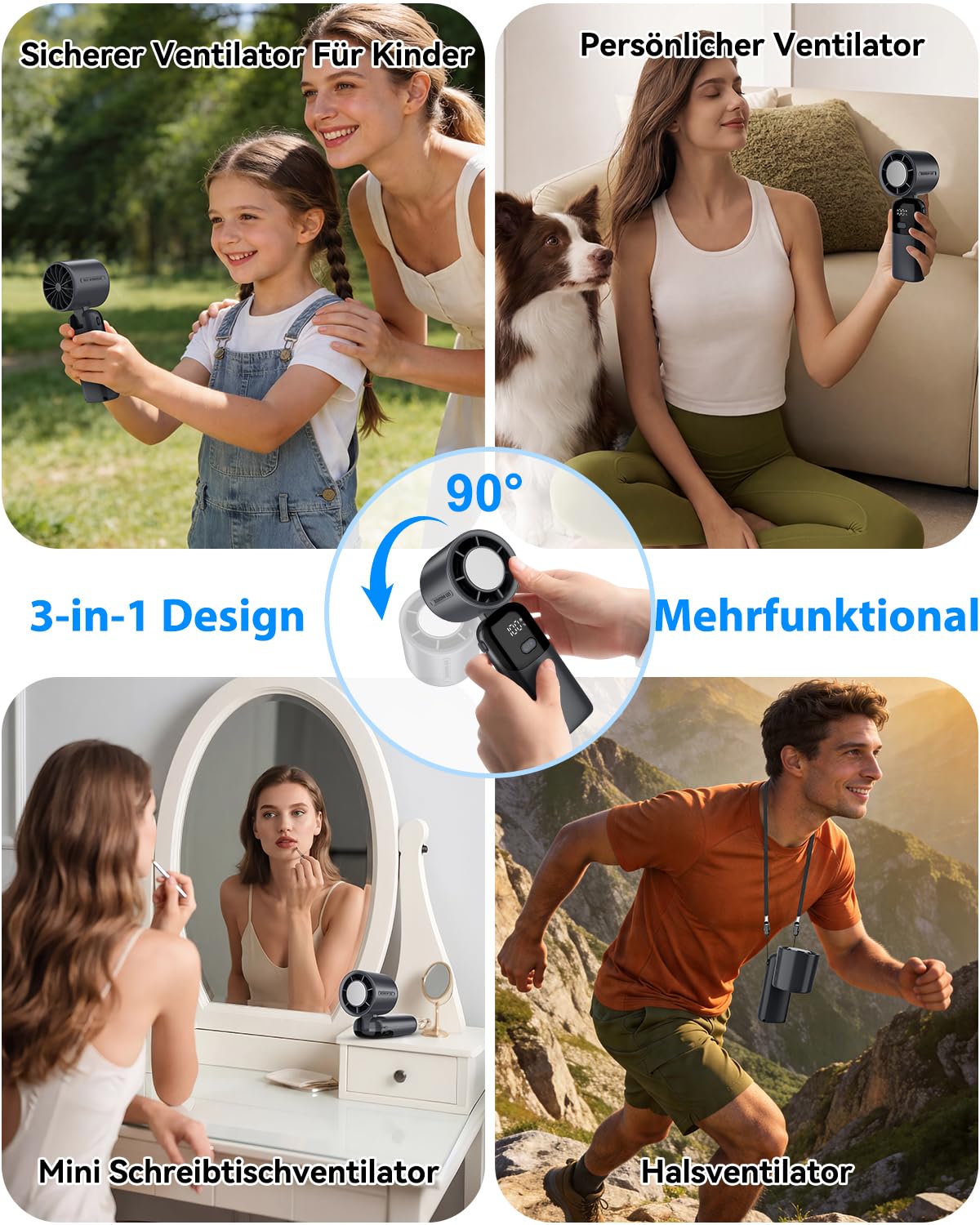 Handventilator,100 Stufen Mini Ventilator mit Eiskühlung,3600mAh Tragbarer Turbo Handventilator Akku Aufladbar,3-in-1 (Hand/Tisch/Neck) Ventilator Klein Leise mit LED Display für Reisen,Büro & Outdoor