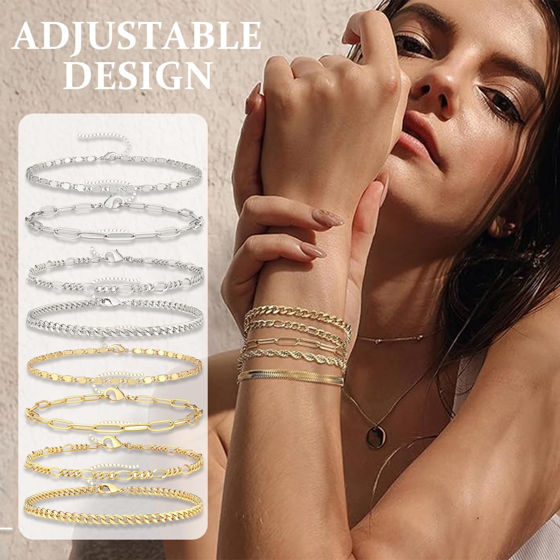 QOWUXHZ 10 StĂŒck Armband Edelstahl Damen Armband Damen Gold Silber Verstellbare Armband Set Verstellbare 16+5 Cm Liebe Geschenk FĂŒr Frauen MĂ€dchen
