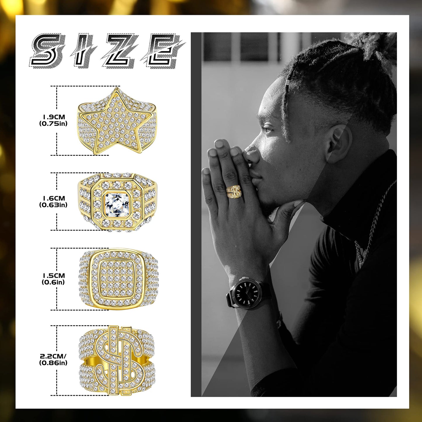 FASACCO 5Pcs 18K Gold Plated Bling Pinky Ring Simulated Diamond Iced Out Ring CZ Punky Rappers Ring Star Dollar Sign Hip Hop Ring for Men Size 10