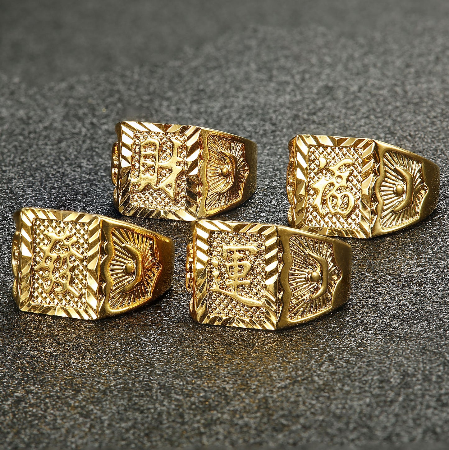 LOLIAS 4-teiliges vergoldetes Herrenring-Ehering-Set mit Kanji-Ring, Ringset für Reichtum/Glück/Reichtum, verstellbar