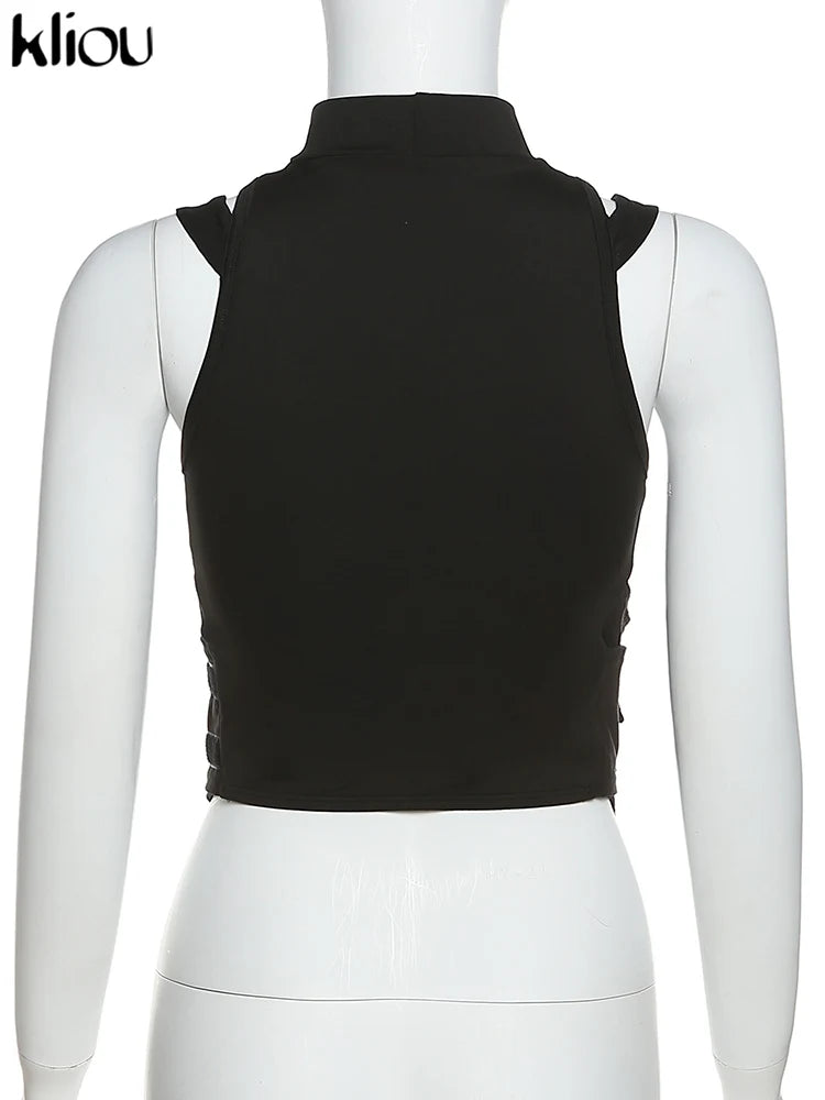 Kliou Biker Shorts Top Women Hipster Y2K Irregular Shape Stitching Mesh High Street Style Clothing Sexy Cleavage Sheath Wear