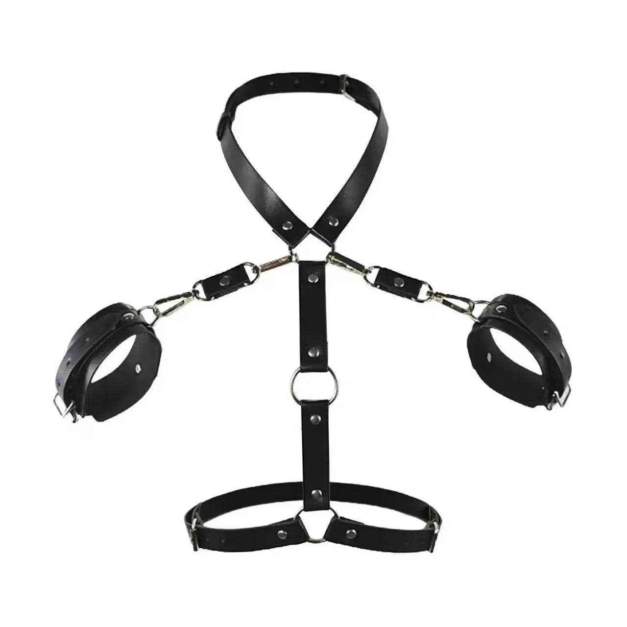 Hollow-Out PU Leather Bondage Dress with Belt Shoulder & Garter Straps Fetish Restraint Wear for BDSM Play