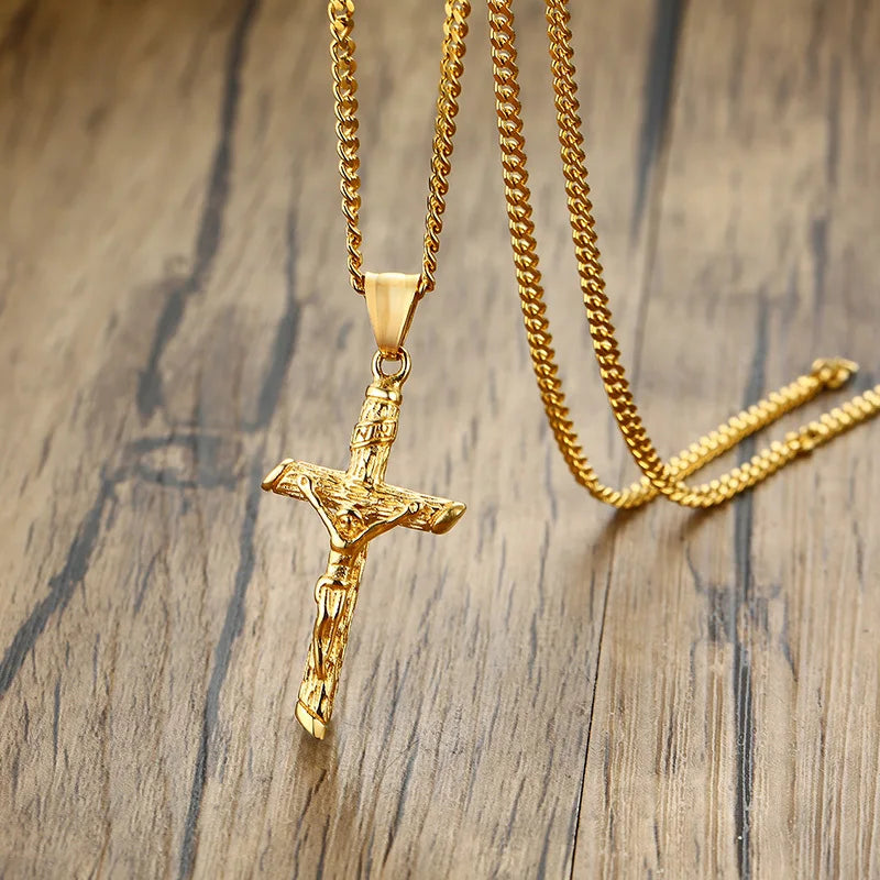 Vnox Cross Necklace for Men Women,Catholicism Jesus Pendant,Gold Color Stainless Steel Unisex Collar,Church Prayer Faith Jewelry