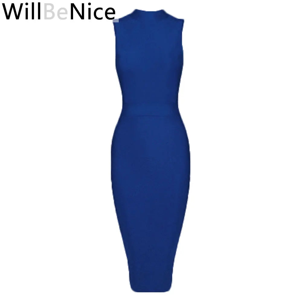 Royal Blue Classic Vintage Bandage Dress Sleeveless Women Split Birthday Dress Bodycon Knitted Elastic Lady Vestidos