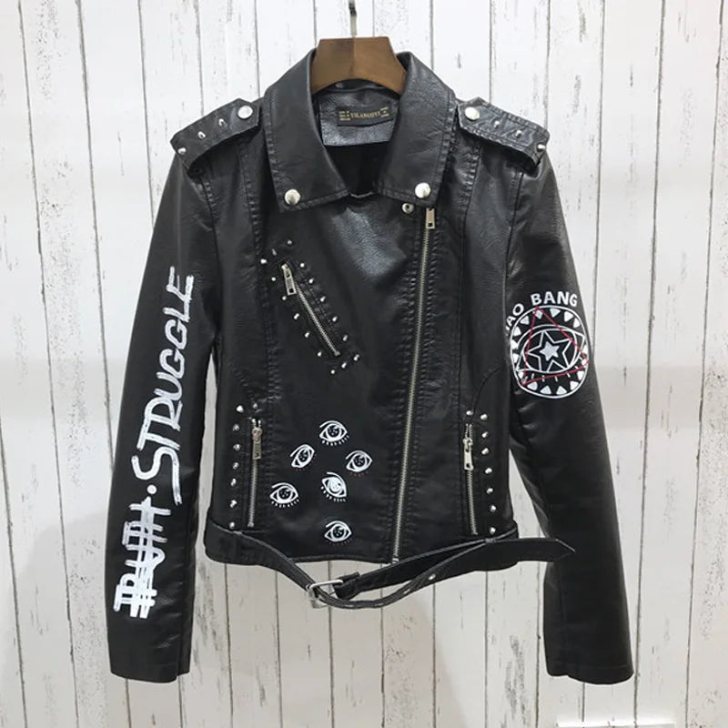 FMFSSOM Spring Women Faux Leather Jacket Turn-Down Collar Letter Print Epaulet Rivet Zipper lady letter vintage Biker Outerwear