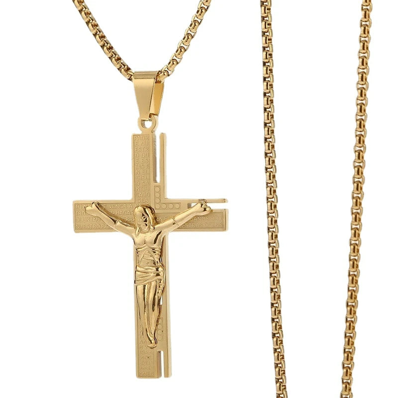 Men's Jesus Christ Crucifix Gold Plated Cross Religious Pendant Necklace with Chain Jewelry