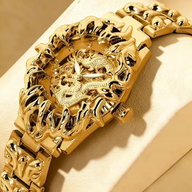 A men's black and gold steel strap casual niche carved dragon pattern mechanical watch