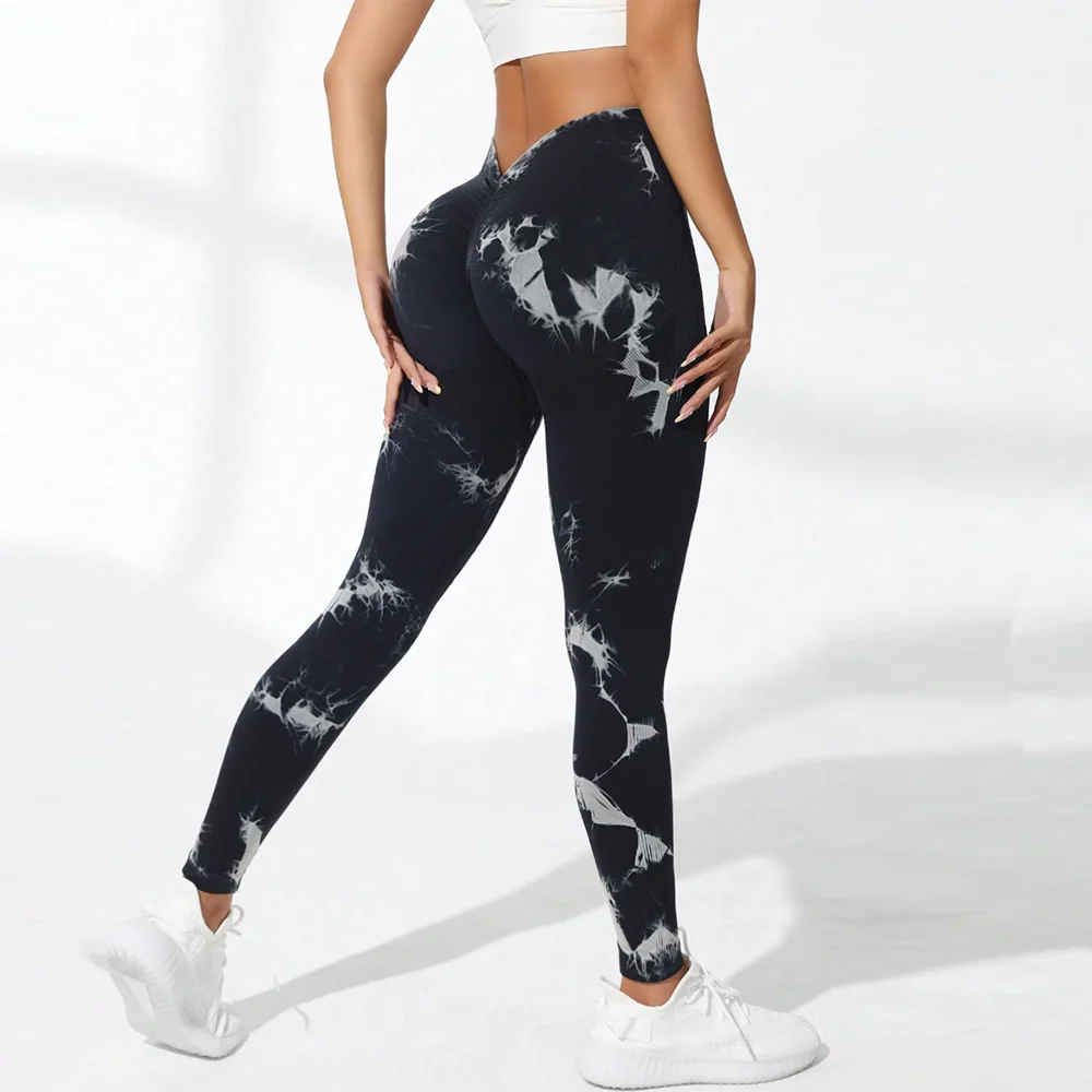 Women's Tie-Dye Leggings Casual V-Back Ruched Gym Tights Booty Scrunch Butt Lifte Tights Skinny Fitness Yoga Pants 2024