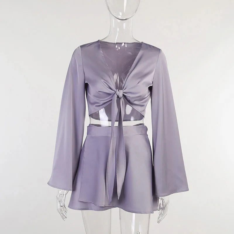 Y2k Two Piece Set Women Autumn White Lantern Long Sleeve Crop Cardigan Tops Elegant Suits Lace Up Wrap Sexy Mini Skirts