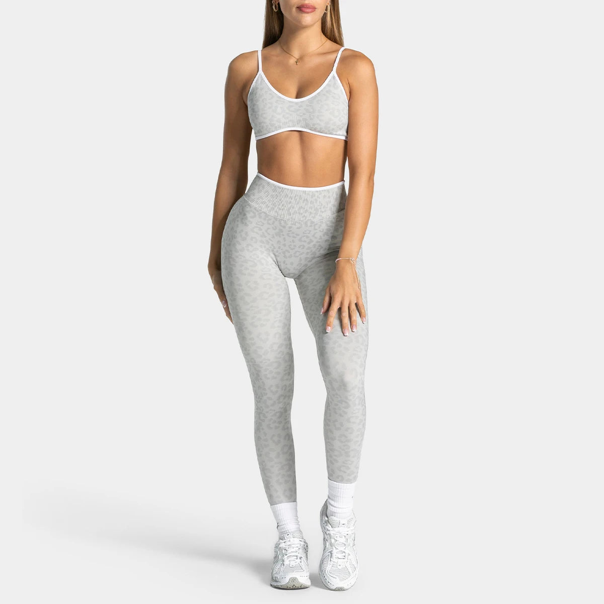 Women's Seamless Yoga Set Leopard Print Color Block Bra Top & Long Pants Workout Suit