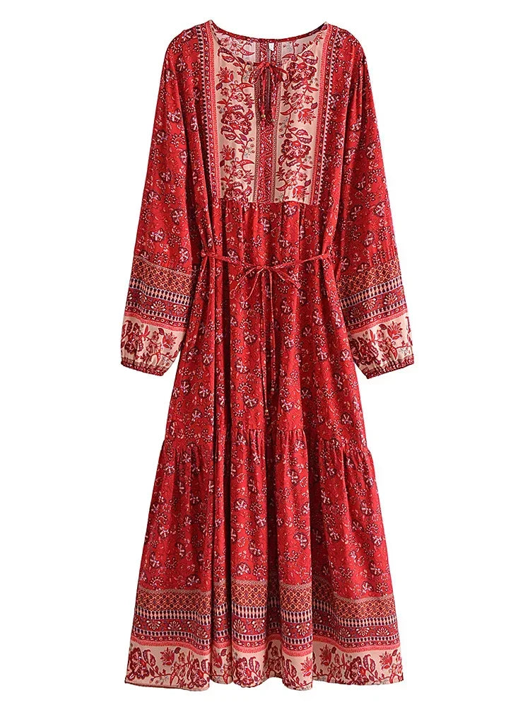 Vintage Chic Women Elegant Lace-up Tassel Floral Print Beach Bohemian Maxi Dresses Robe Ladies Rayon Cotton Boho Dress Vestidos