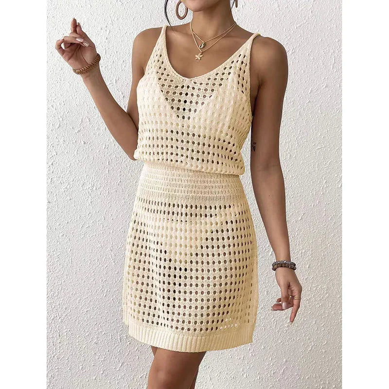 Women Solid Sexy Straps Knitted Dress Sexy Hollow Out Bodycon Halter Mini V Neck Backless Beach Dresses Summer