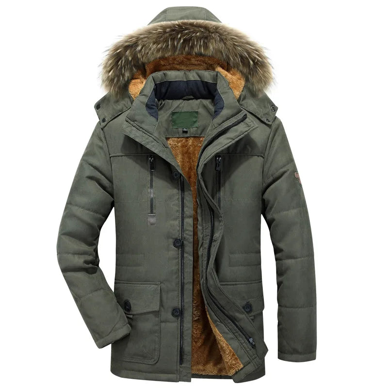 Man Winter Parkas Coat Vintage Thicken Fleece Cold-proof Zipper Male Hooded Jacket Long Sleeve Pocket Casual Men Outerwear