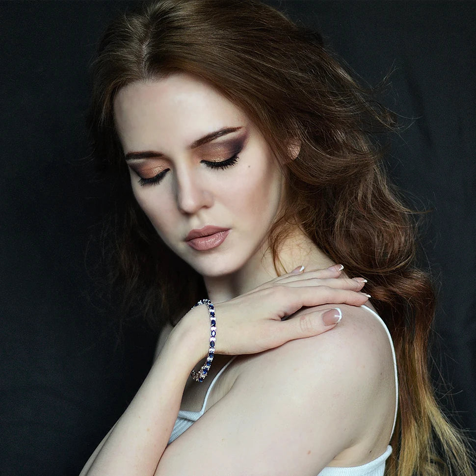 19CM Sapphire Glass Oval Design Chain Bracelet Silver Tennis Bracelets