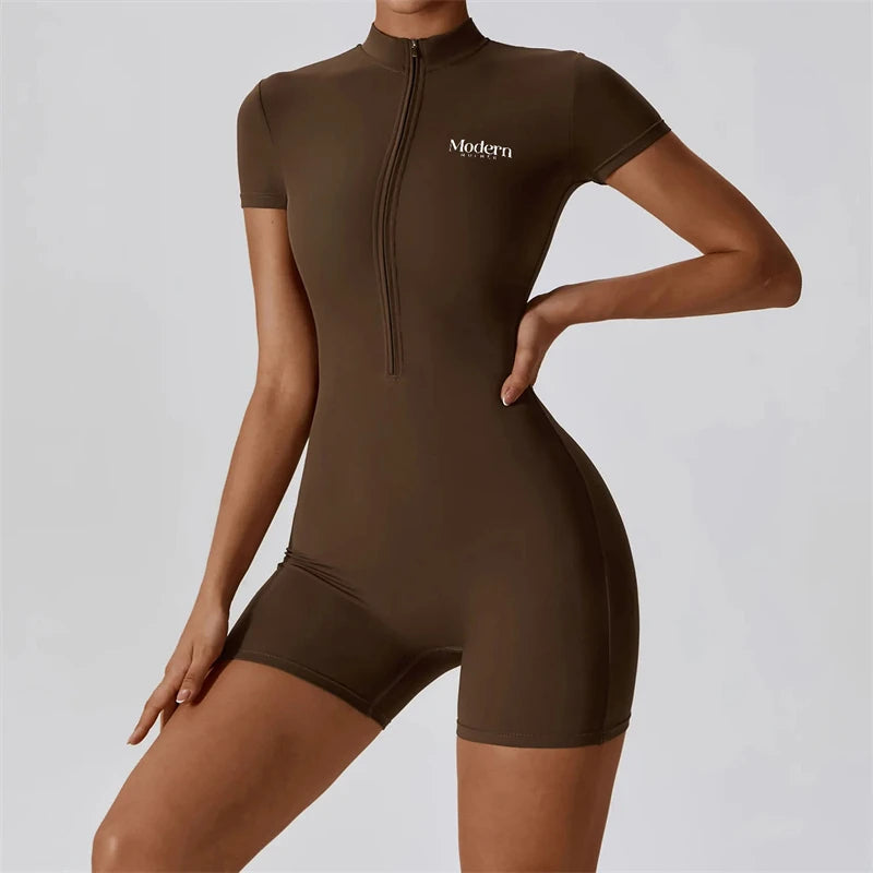 Customized Women's One-Piece Suit Zipper Short Sleeve Gym Push Up Workout Rompers Fitness Short Bodysuit Sportswear Playsuits