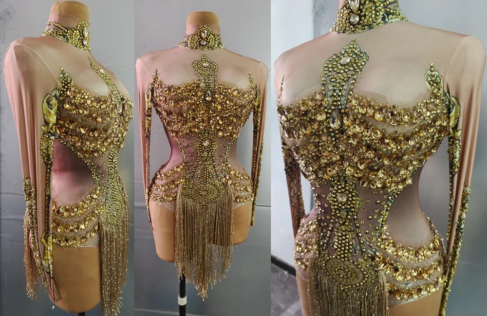 Sparkly Gold Crystals Fringes Leotard Women Rhinestones Performance Dance Costume Stage Wear Club Outfit Sexy Tassel Bodysuit