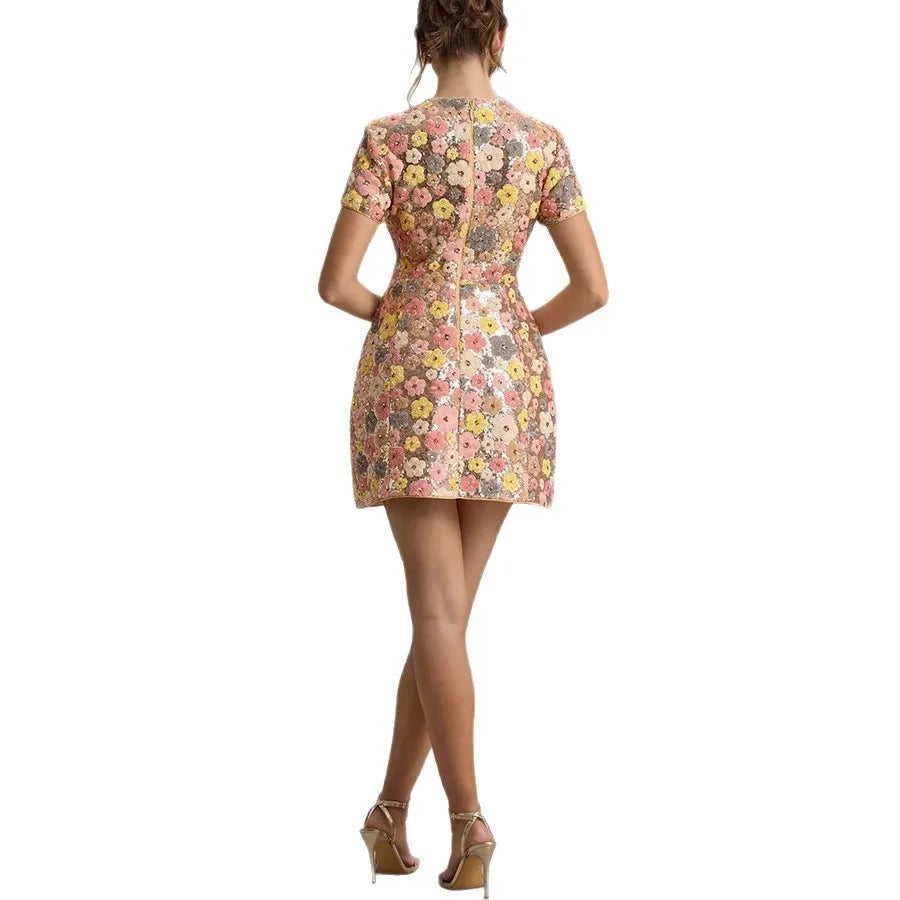 Spring Summer Women Elegant O Neck Short Sleeve Mini Dress Sequined Patchwork Casual Party Dress Sexy Ladies Slim Dresses