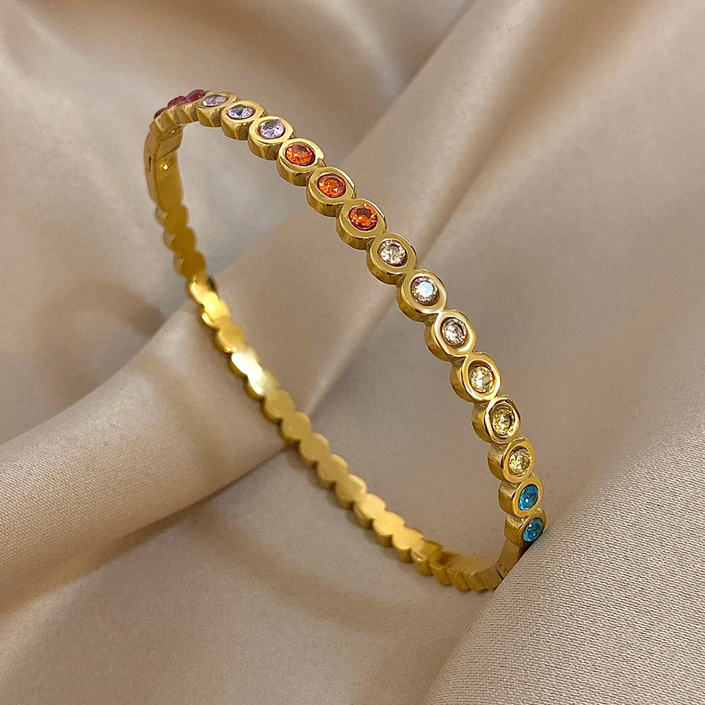 Colorful Rhinestone Beads Stainless Steel Bracelets for Women Fashion Gold Silver Color Stacked Cuff Bangle Waterproof Jewelry