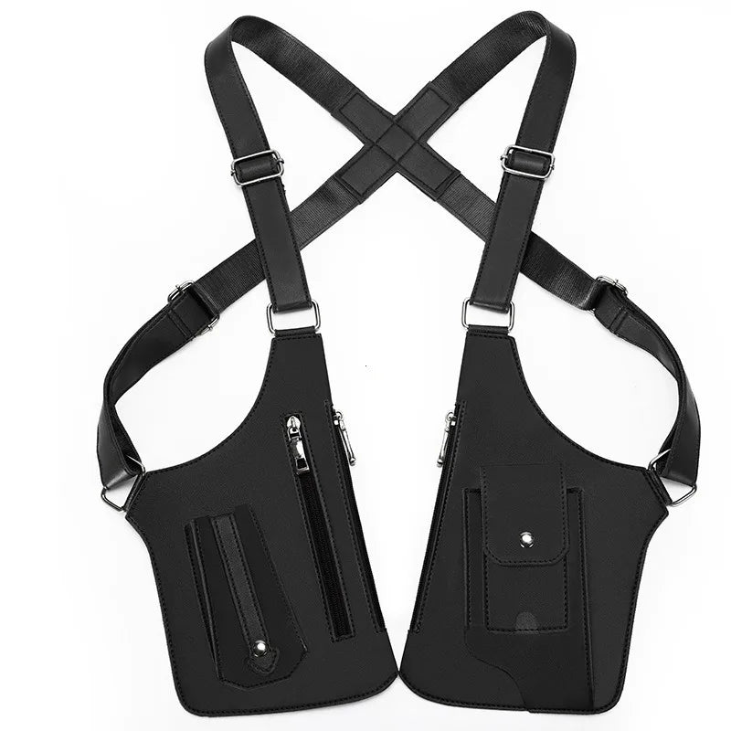 Luxury Design Men's Tactical Vest Bag High Quality PU Leather Man Chest Bag Phone Pouch Vintage Design Underarm Back Pack Bags
