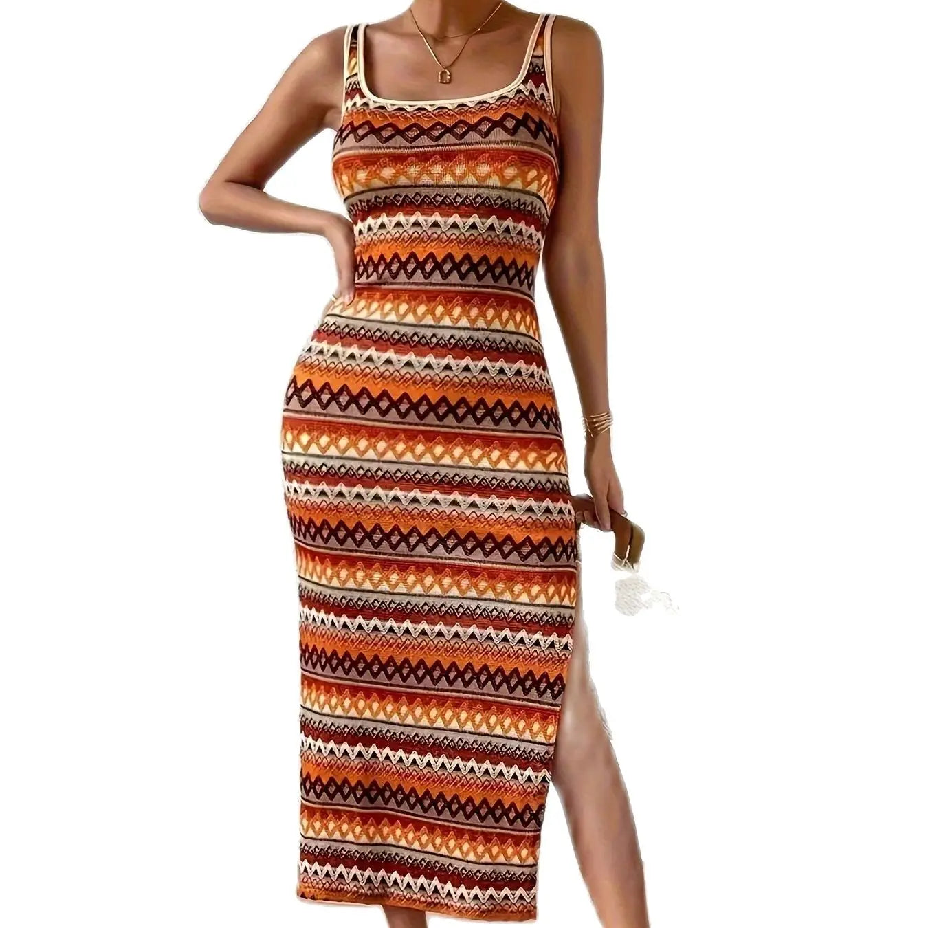 Geometric pattern tassel fashion simple dress elegant sleeveless slim dress spring and summer women