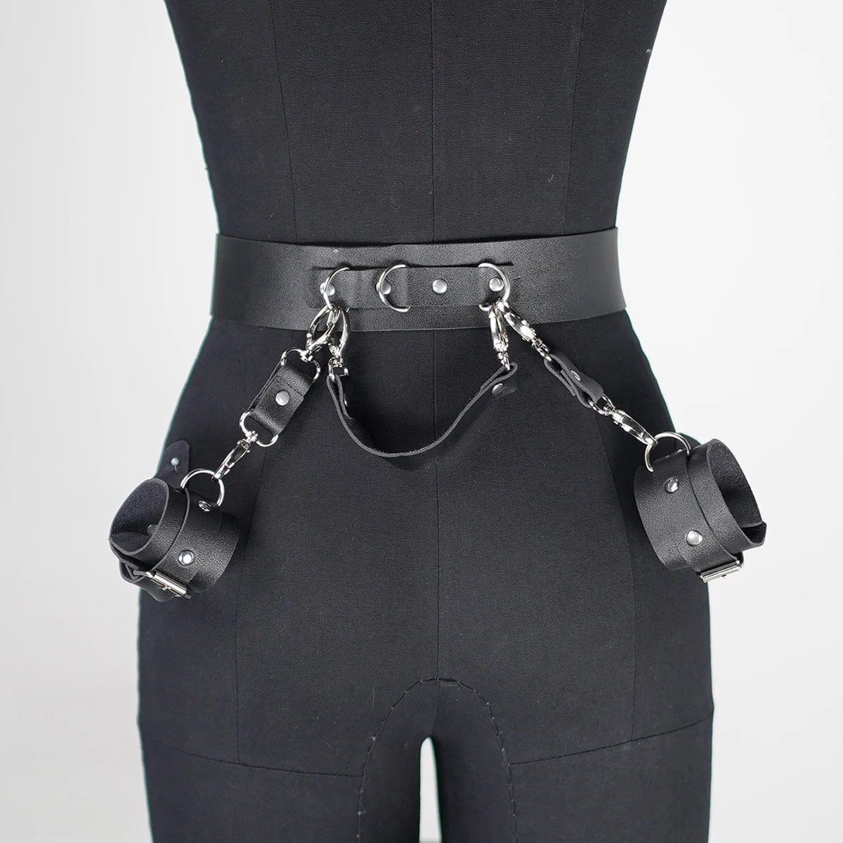 Adjustable Black Leather Full Body Harness with Cuffs - Women's Lingerie for Gothic Rave Outfit Style