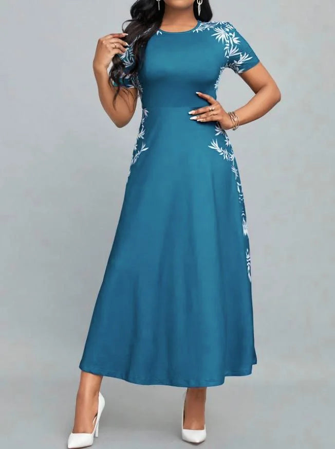 Fashion High Waist Printed Dress Elegant round Neck Women's Dress Stylish Cross-Border New Model from Europe And America