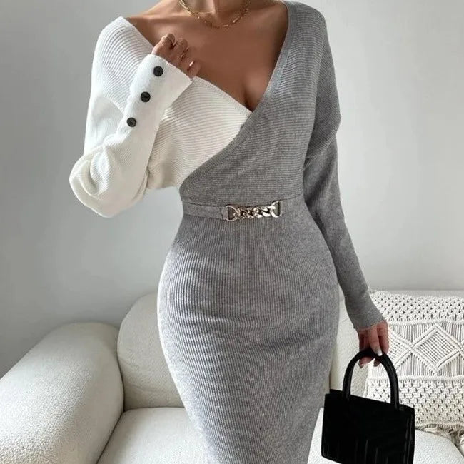 Women's Spring Summer Long Sleeved Fashion Splicing Print High Neck Sexy Split Waist Tight Wrap Hip High Waist Mid Length Dress
