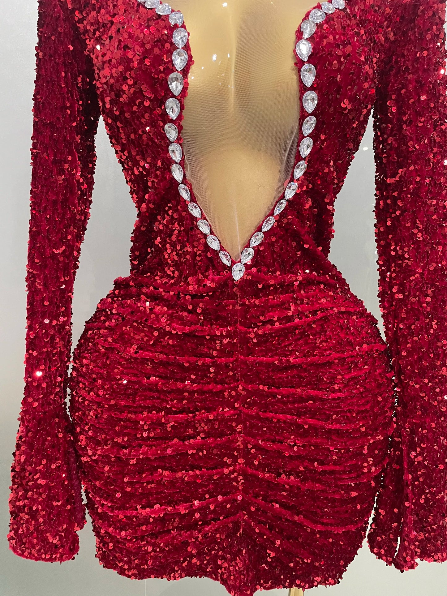 Sexy Shiny Red Sequins Rhinestones Sheath Mini Dress 2025 New Women Evening Birthday Party Nightclub Stage Performance Costume