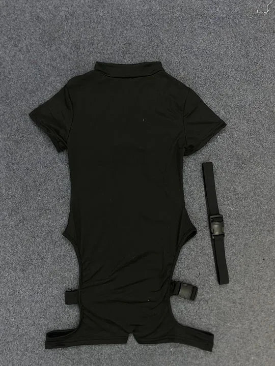 Elegant Hot Girl Style Black Hollow Out Functional Bodysuit Women Trendy Buckle Slimming Short Sleeve Top Casual Streetwear