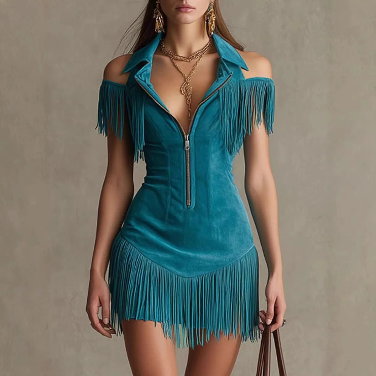 Suede Fringe Dress Women Summer Cold Shoulder Lapel Zip Up Bodycon Mini Dress Sleeveless Western Style Hot Girl Dress