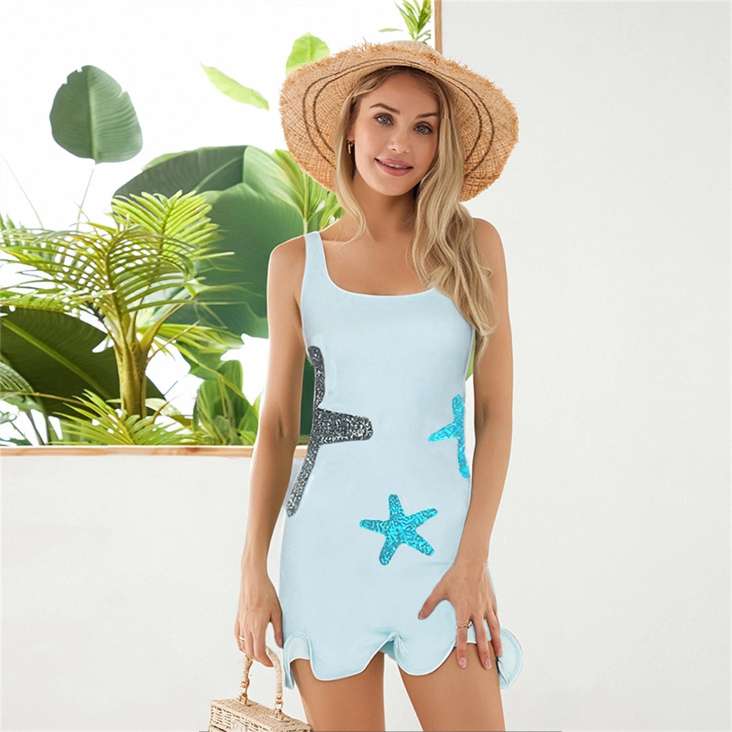 Puloru Boho Sequins Star Knit Mini Dress Women's Summer Sleeveless Open Back Mini Tank Dress Beach Party Vacation Dresses