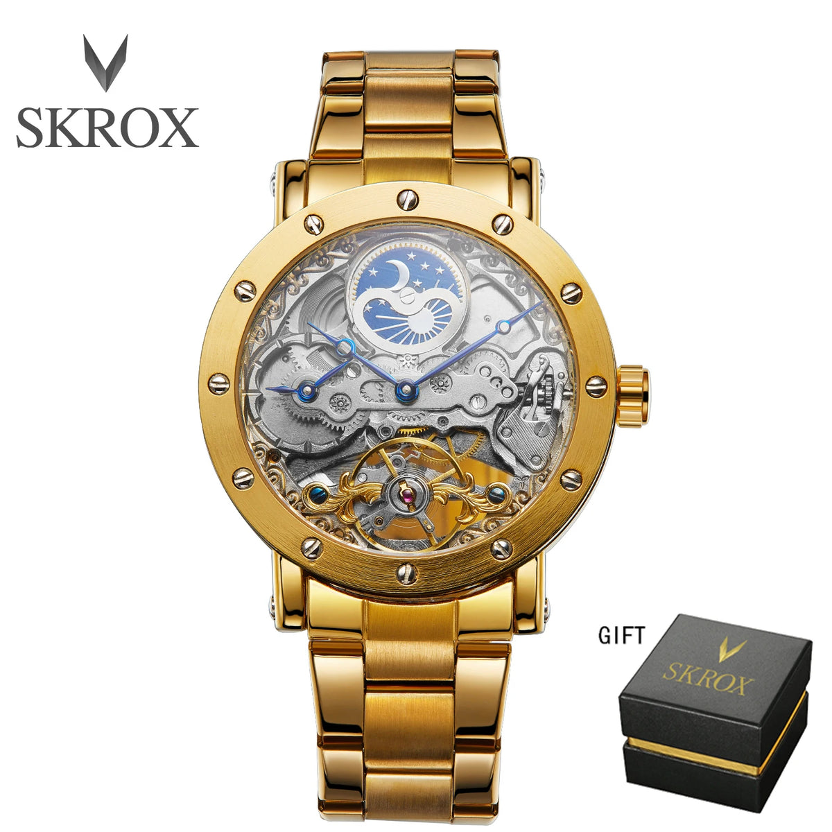 Luxury Brand GMT Time Zone Moon Phase Automatic Movement Man Watch Stainless Steel Skeleton Mechanical Waterproof Male Clockwork
