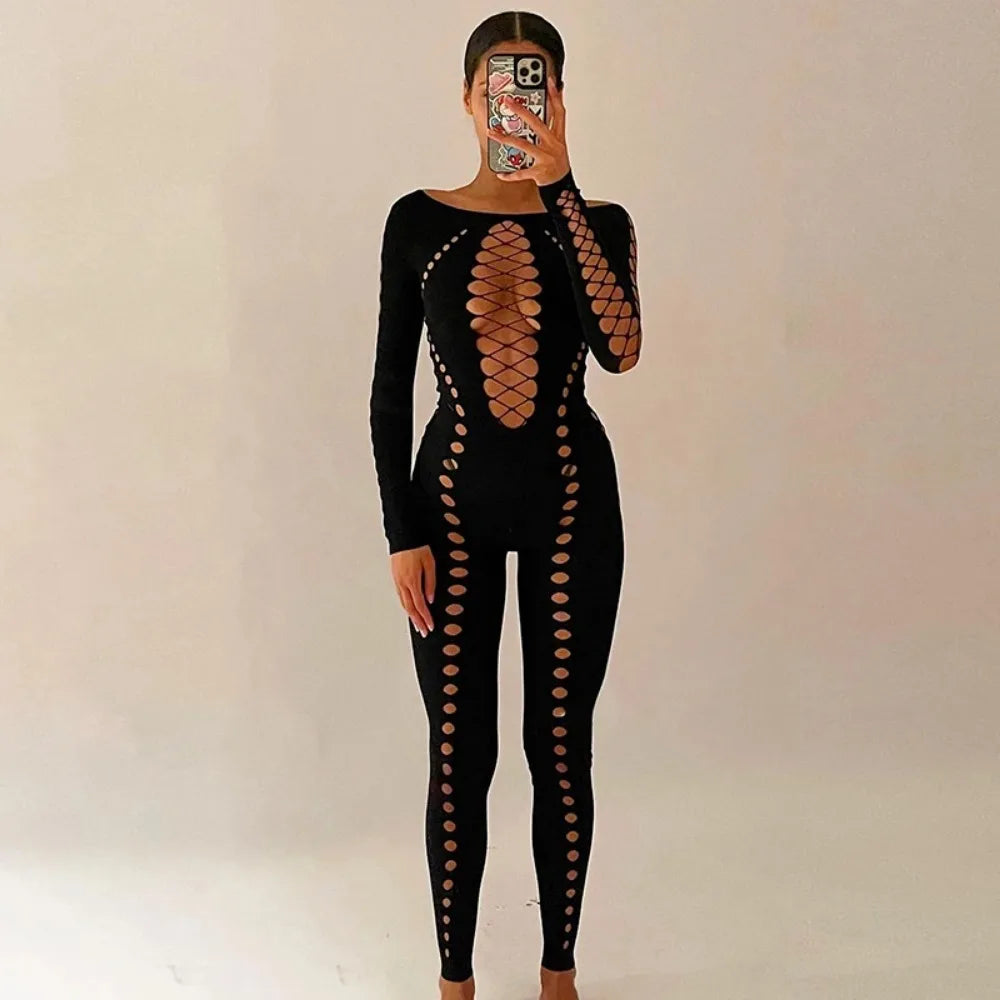2024 Fashion CUTENOVA Sexy Löcher Rip Jumpsuit Mesh Durchsichtig Langarm Skinny Overalls für Frauen Nachtclub Strappy Outfit