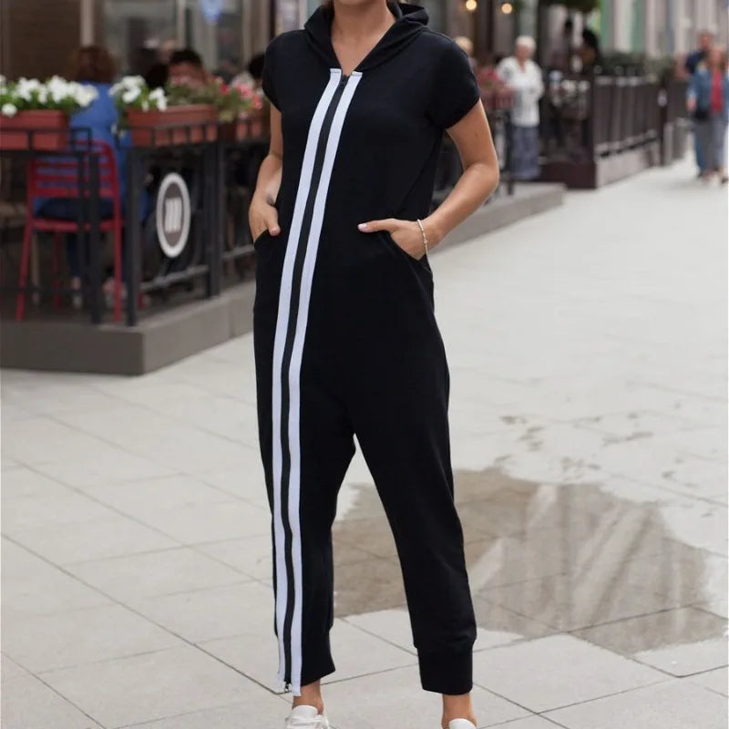 Women's Clothing Sports Style Women's Short Casual Jumpsuits Long Sleeves Fashion Contract Color Zipper Hooded Jumpsuits