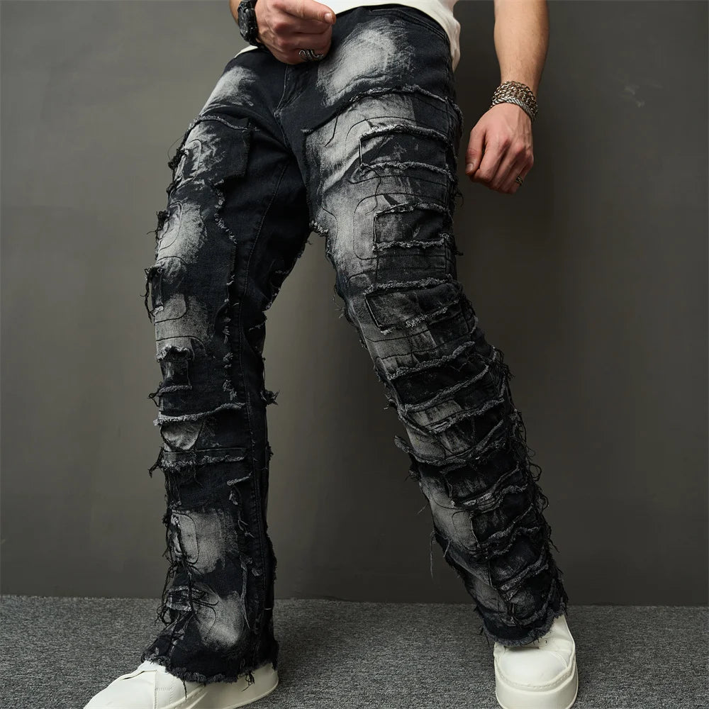 Streetwear HipHop Men Ripped Spliced Patch Straight Jeans Stylish Male Distressed Loose Biker Denim Pants