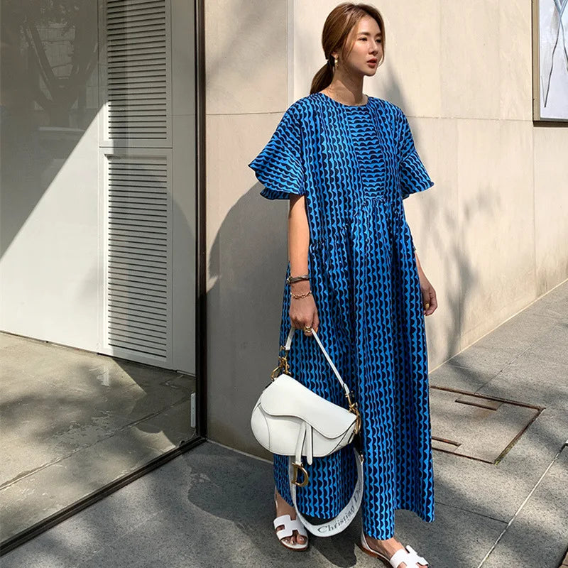 Johnature 2025 New Print Ruffles Sleeve Women Dresses Summer Korean Loose O-neck Simple Female Dress