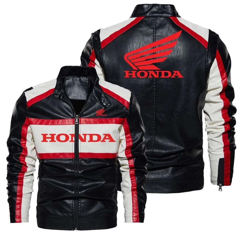 Honda leather jacket, stand-up collar, zipper design, contrasting colors, motorcycle windproof leather jacket, men's clothing