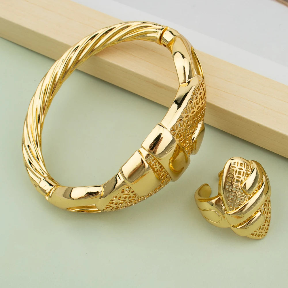 Cuff Bangle With Ring For Women 18K Gold Plated Bracelet Jewelry Nigerian Wedding Party Gift Dubai Hollow Out Design Bracelet