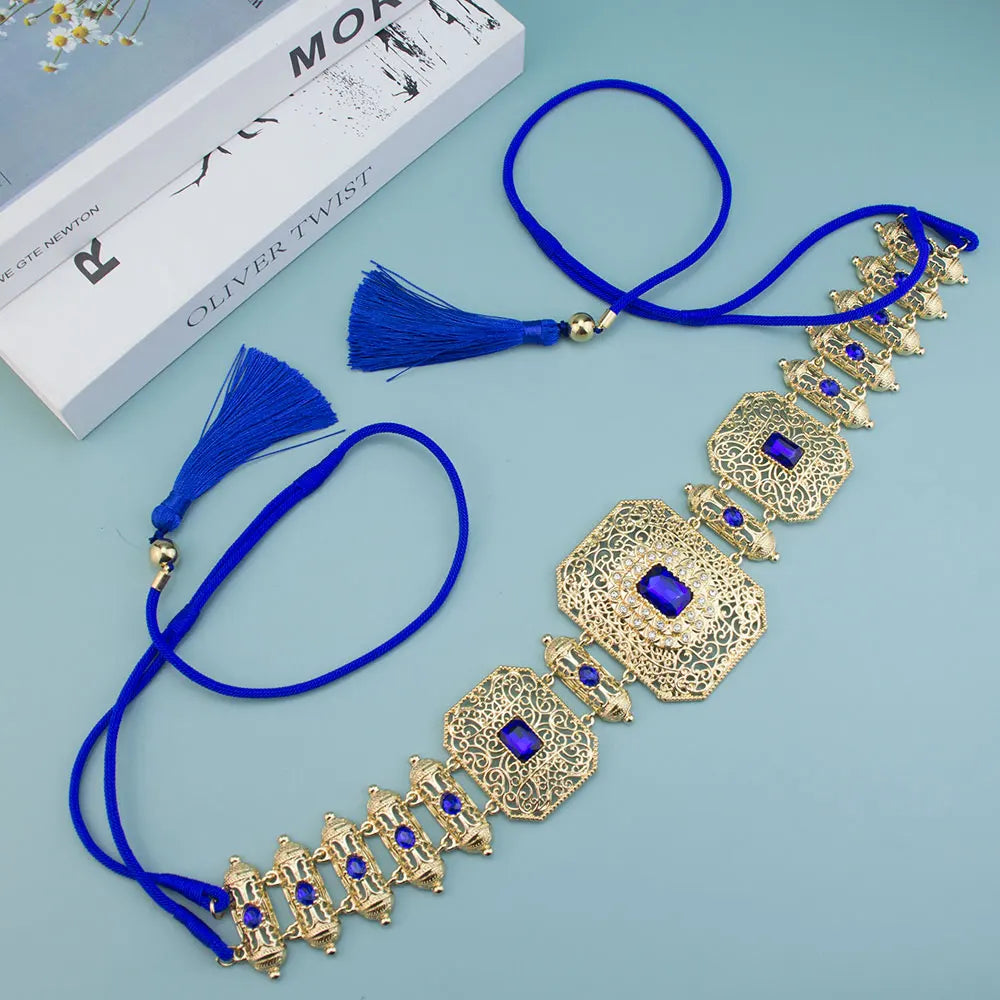 Sunspicems Gold Color Moroccan Caftan Belt Arabic Hand Rope Waist Chain Adjustable Length Women Belt Tassel Metal Body Jewelry