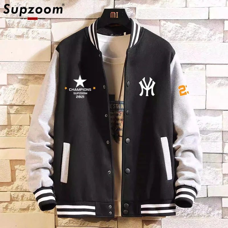 Supzoom New Arrival Letter Rib Sleeve Cotton Top Fashion Logo Single Breasted Casual Bomber Baseball Jacket Loose Cardigan Coat